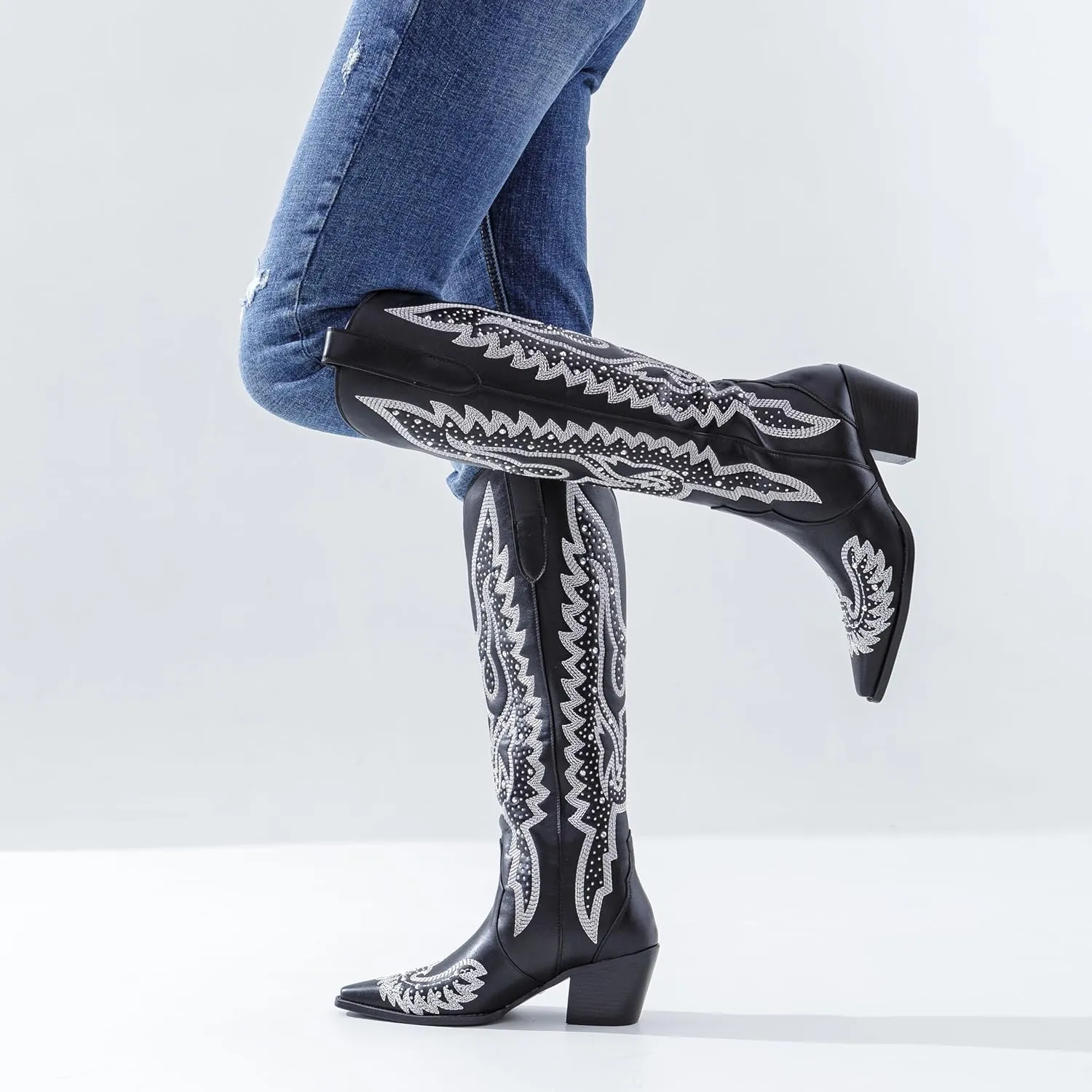 ADAMUMU Womens Wide Calf Cowboy Boots Classic Western-Style Cowboys Boots for Women Pointed Toe Womens Cowgirl Boots with Chunky Heel Non-Slip Sole for Adding Timeless Elegance to Your Wardrobe