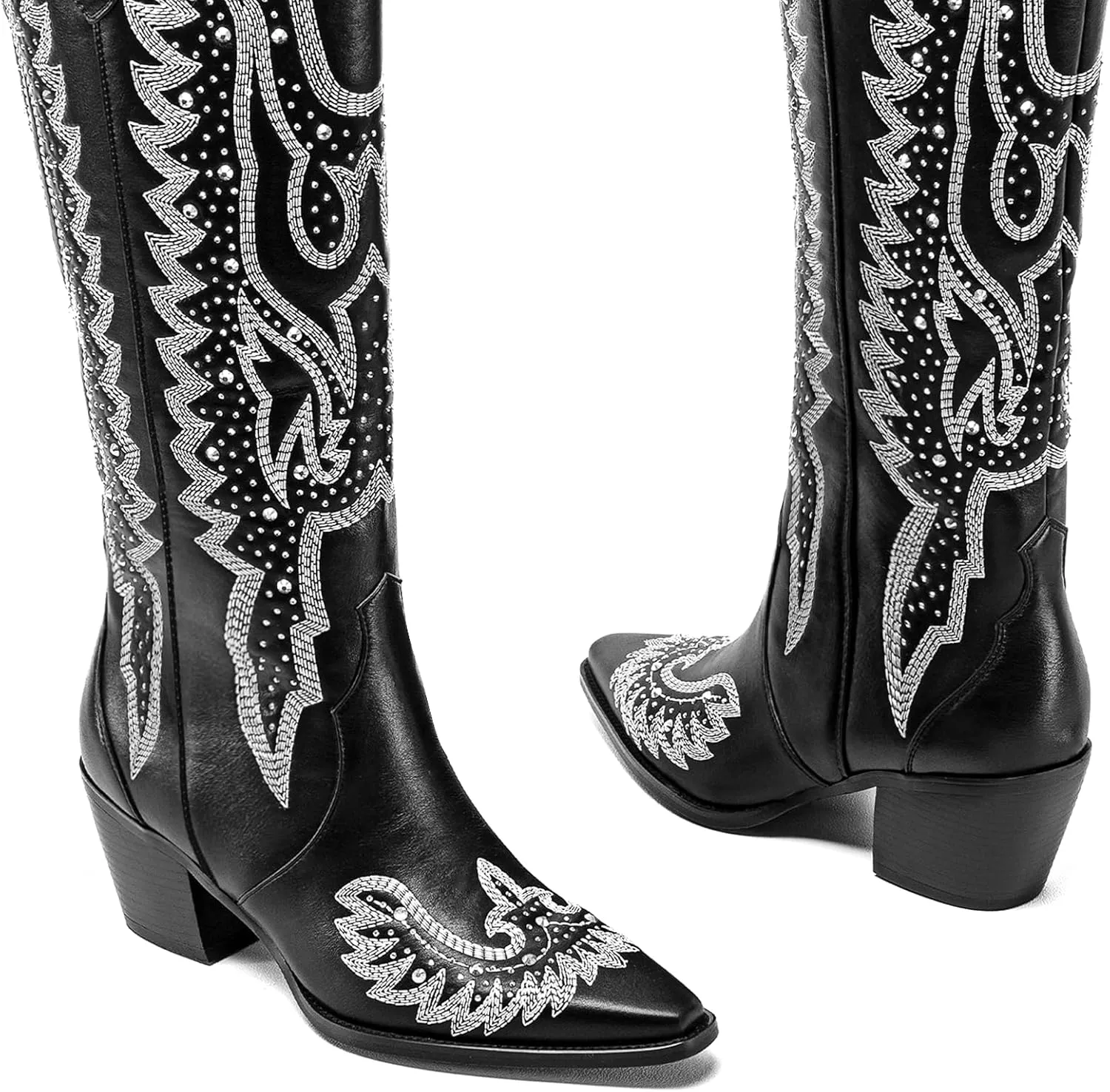 ADAMUMU Womens Wide Calf Cowboy Boots Classic Western-Style Cowboys Boots for Women Pointed Toe Womens Cowgirl Boots with Chunky Heel Non-Slip Sole for Adding Timeless Elegance to Your Wardrobe