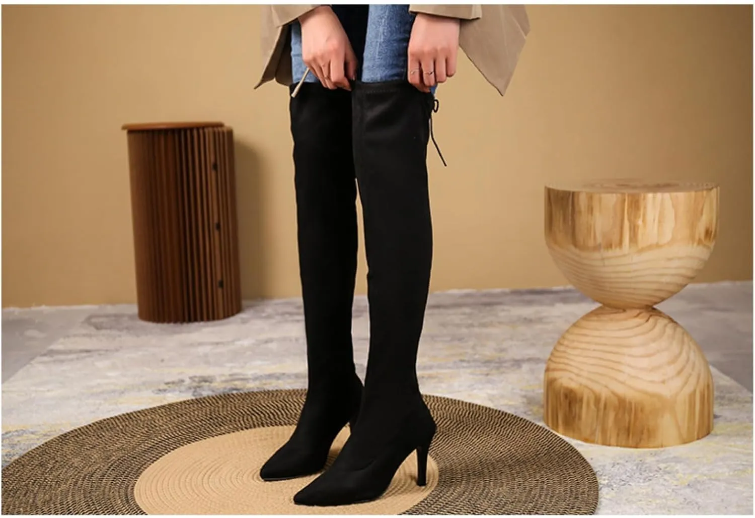 Aflngle Women's Over The Knee Thigh High Boots Fashion Pointed Toe Stretch Suede Stiletto High Heel Long Boots