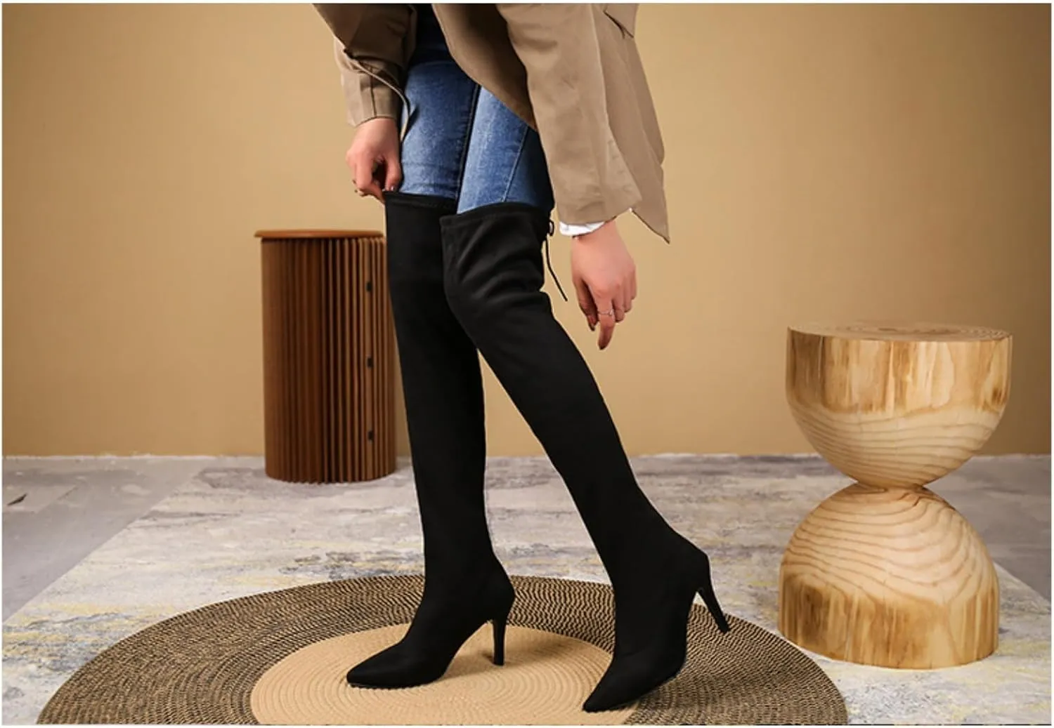 Aflngle Women's Over The Knee Thigh High Boots Fashion Pointed Toe Stretch Suede Stiletto High Heel Long Boots