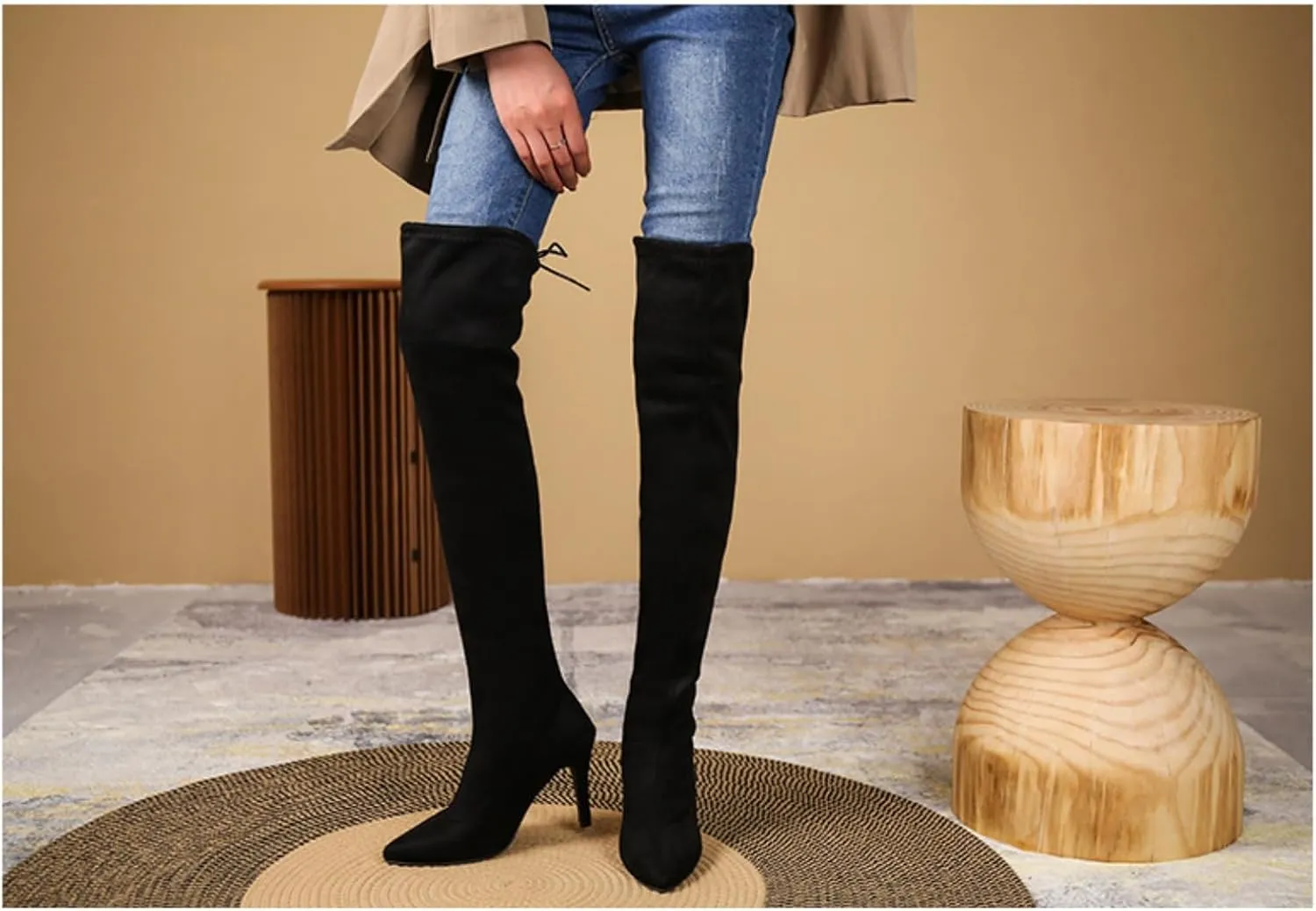 Aflngle Women's Over The Knee Thigh High Boots Fashion Pointed Toe Stretch Suede Stiletto High Heel Long Boots