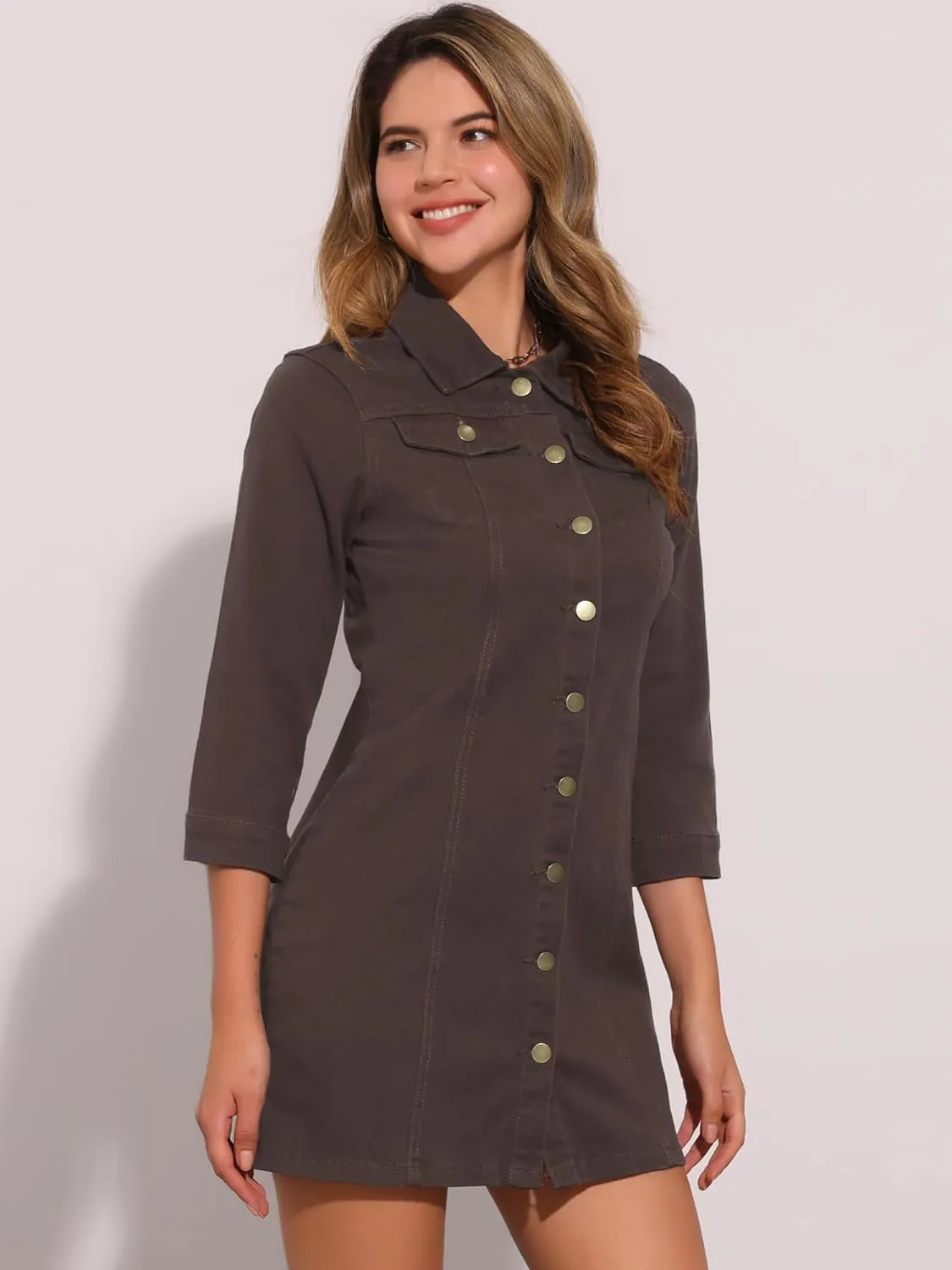 Allegra K Women's 3/4 Sleeve Button Down Denim Dress