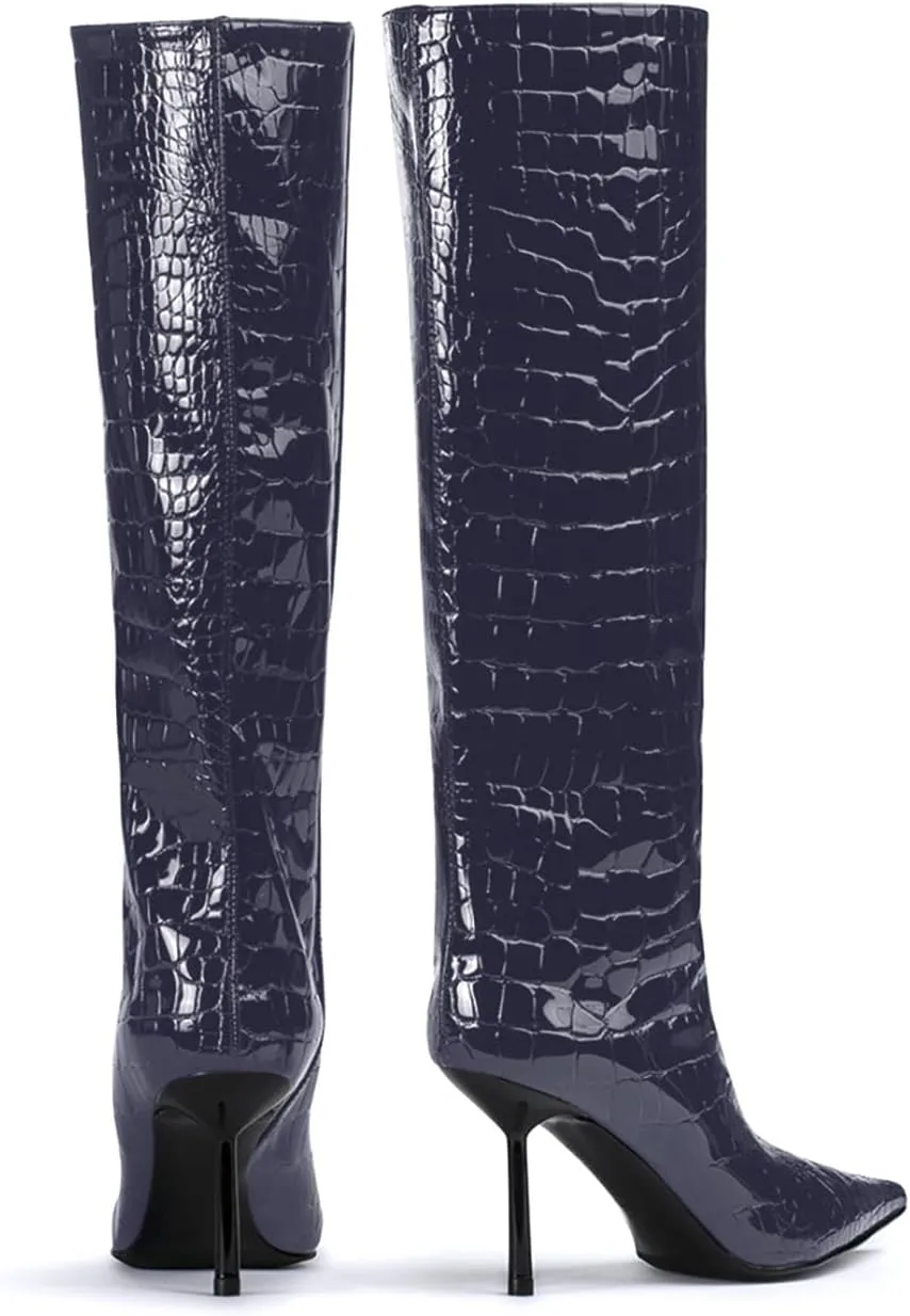 anteikira Women's Stiletto Heel Pointed Toe Knee High Boots Winter Pull-on Crocodile Long Boots High Heel Fashion Tall Boots for Women Size 5.5-12US