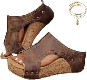 Cork Wedges & Platform Slides for Women,Comfy Wedge Non-slip Summer Sandals Cork Sandals(Dark blue,24)