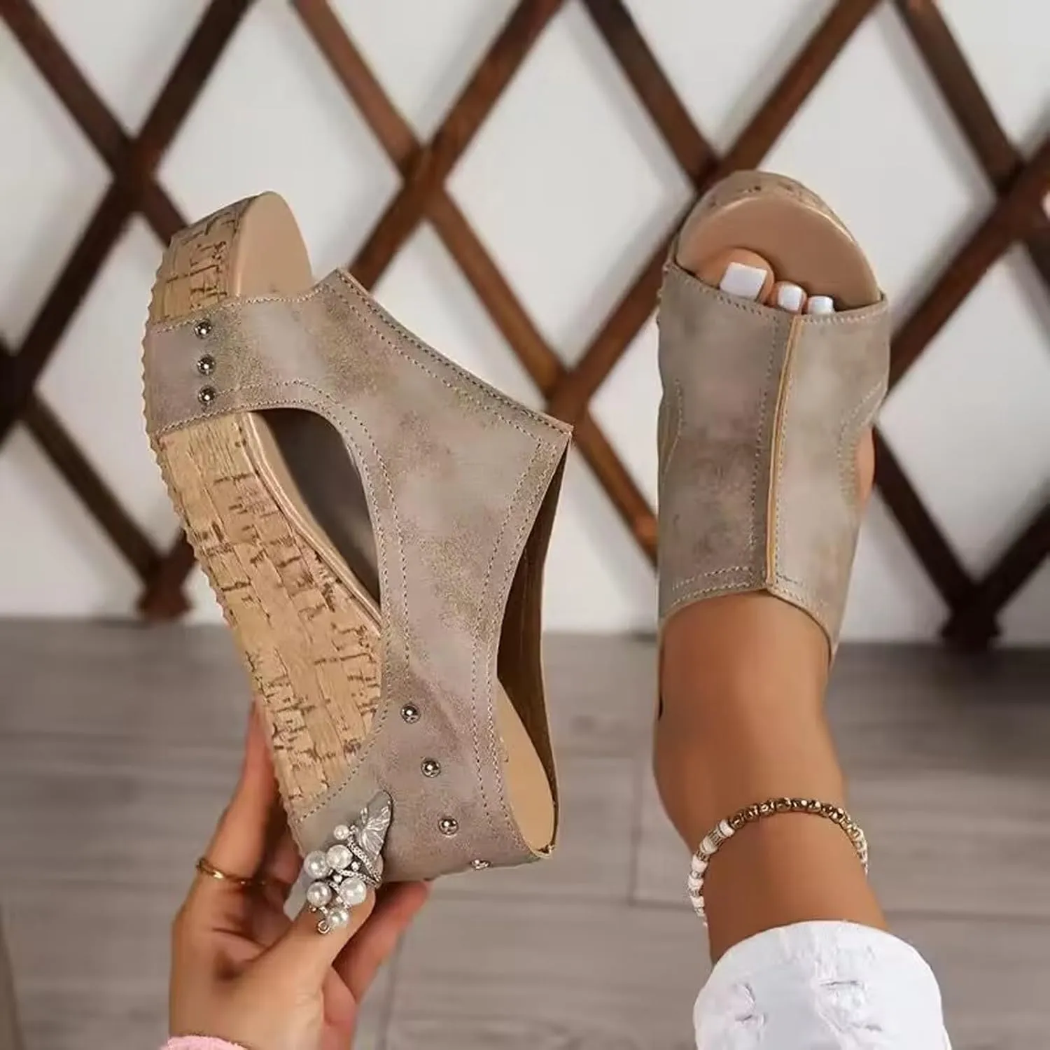Cork Wedges & Platform Slides for Women,Comfy Wedge Non-slip Summer Sandals Cork Sandals(Dark blue,24)