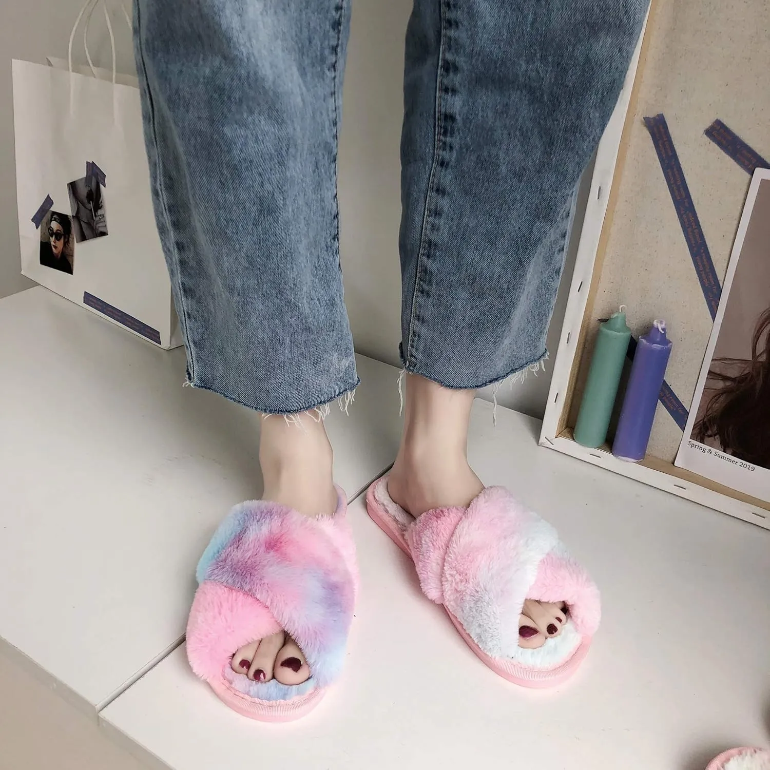 Fericzot Women's Fuzzy Fluffy Furry Fur Slippers Flip Flop Winter Warm Cozy House Memory Foam Sandals Slides Soft Flat Comfy Anti-Slip Spa Indoor Outdoor Slip on