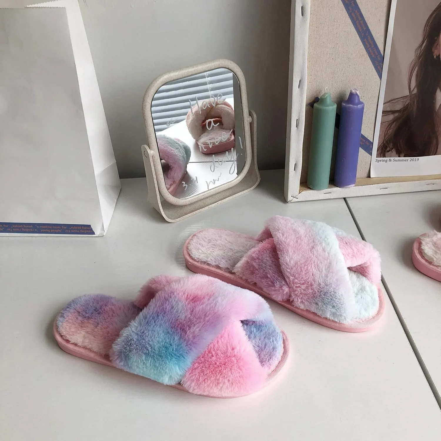 Fericzot Women's Fuzzy Fluffy Furry Fur Slippers Flip Flop Winter Warm Cozy House Memory Foam Sandals Slides Soft Flat Comfy Anti-Slip Spa Indoor Outdoor Slip on