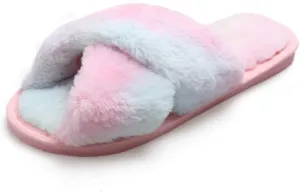 Fericzot Women's Fuzzy Fluffy Furry Fur Slippers Flip Flop Winter Warm Cozy House Memory Foam Sandals Slides Soft Flat Comfy Anti-Slip Spa Indoor Outdoor Slip on