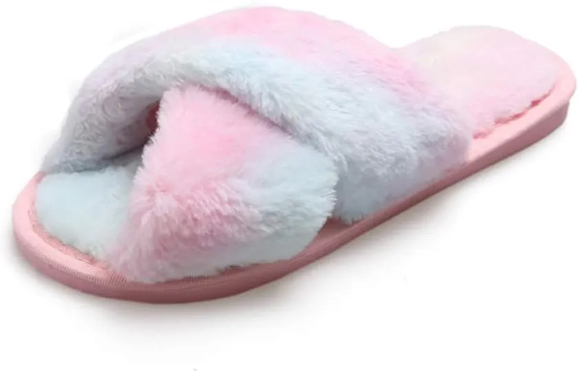 Fericzot Women's Fuzzy Fluffy Furry Fur Slippers Flip Flop Winter Warm Cozy House Memory Foam Sandals Slides Soft Flat Comfy Anti-Slip Spa Indoor Outdoor Slip on