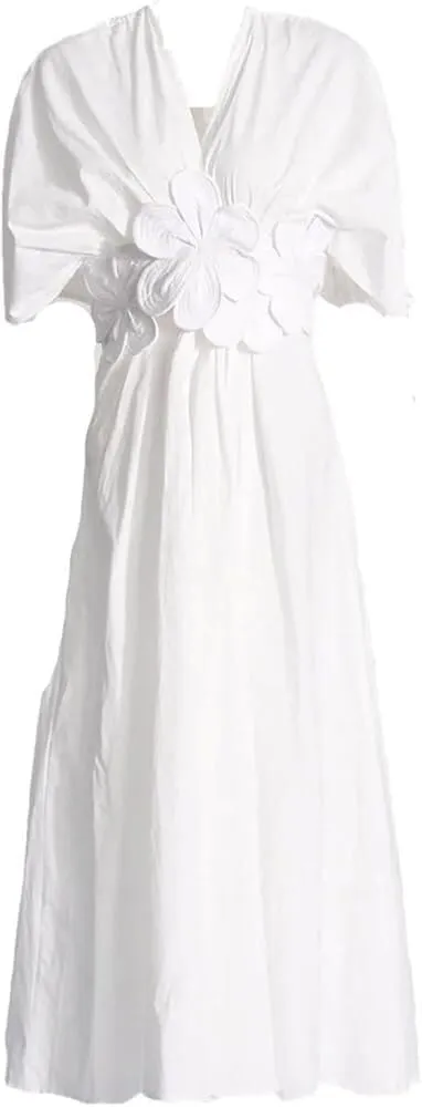 Floral Applique A Line V Neck Long Dress Smocked Waist Sleeveless Women Cocktail Party Gown