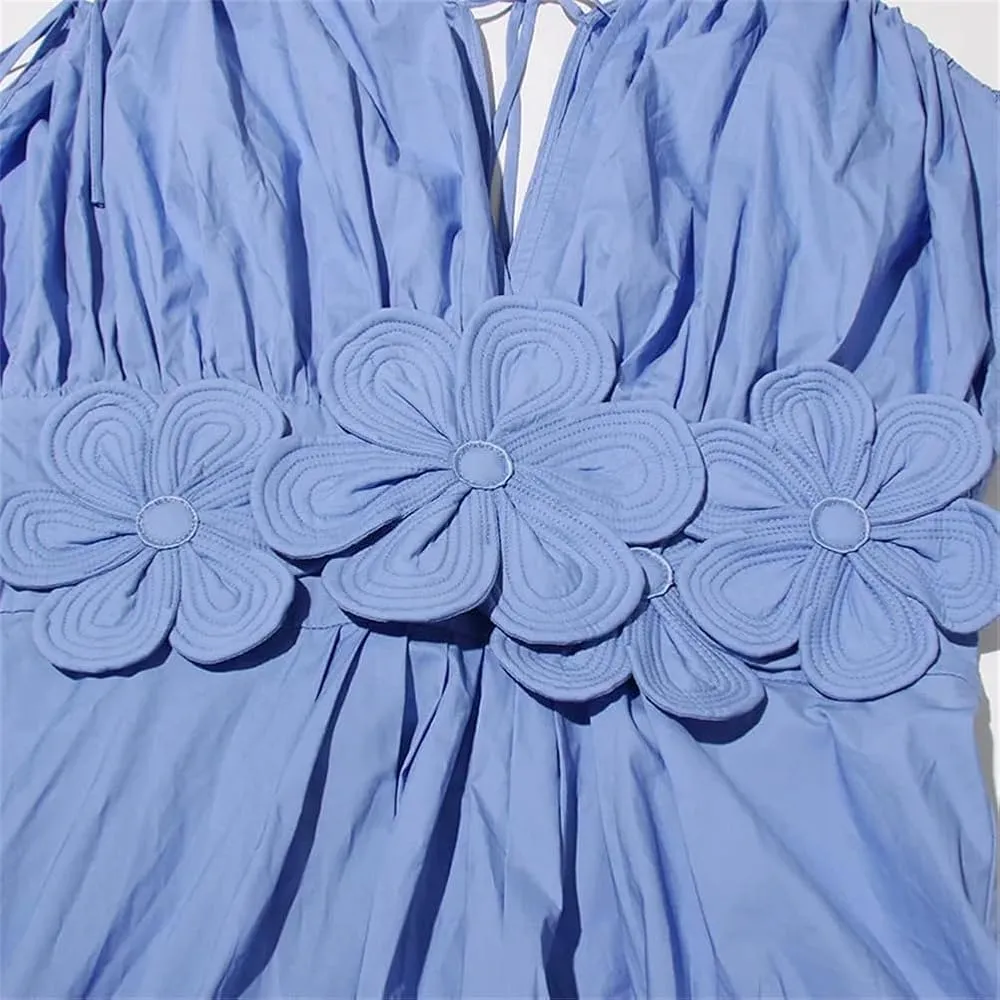 Floral Applique A Line V Neck Long Dress Smocked Waist Sleeveless Women Cocktail Party Gown