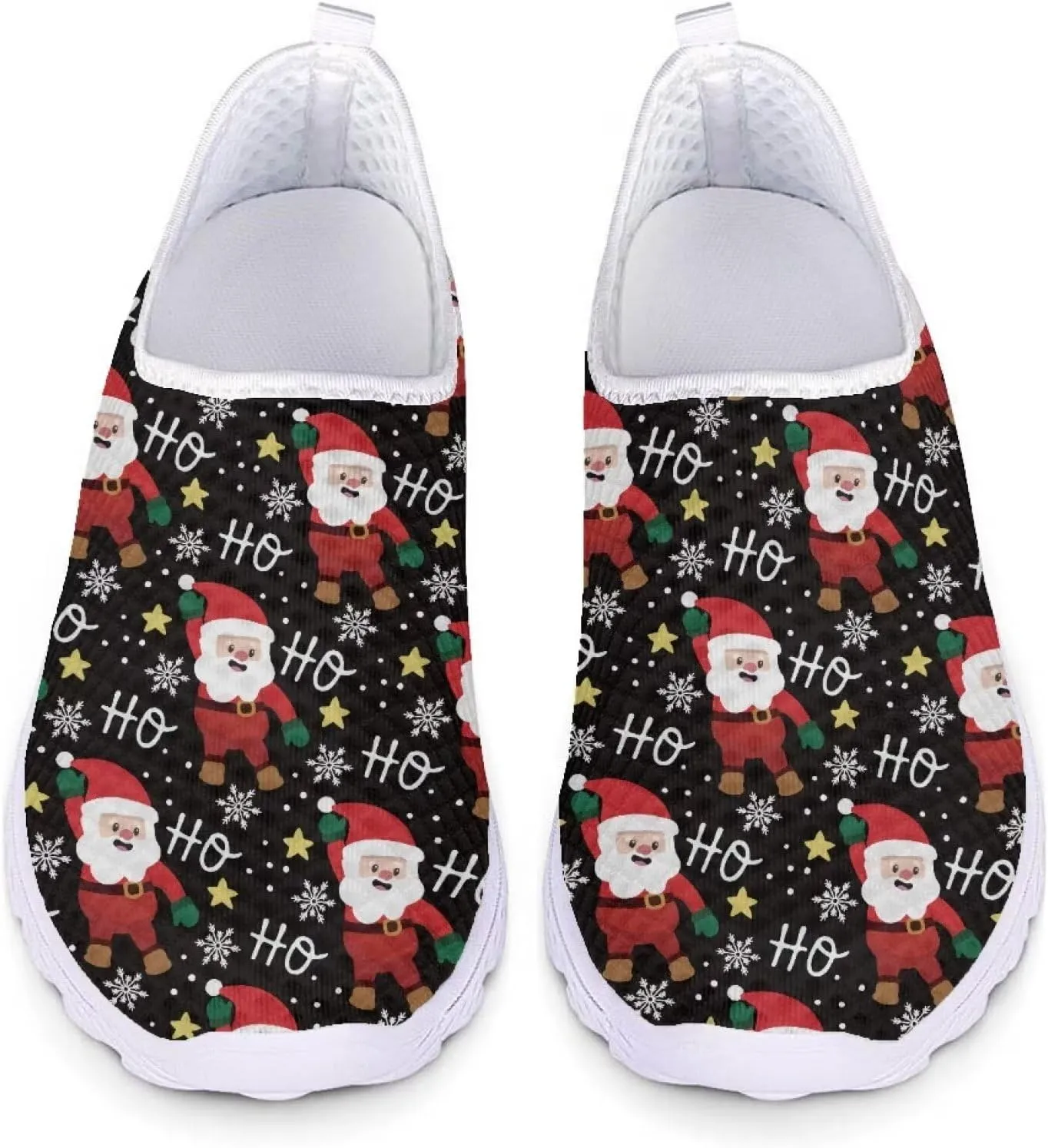 HUIACONG Christmas Black Shoes Santa Claus Sneakers Ho Ho Ho Slip On Walking Shoes Size 7 Tennis Trainers for Women Teen Girls Athletic Workout Footwear for Holiday Party Xmas Gifts