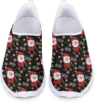 HUIACONG Christmas Black Shoes Santa Claus Sneakers Ho Ho Ho Slip On Walking Shoes Size 7 Tennis Trainers for Women Teen Girls Athletic Workout Footwear for Holiday Party Xmas Gifts