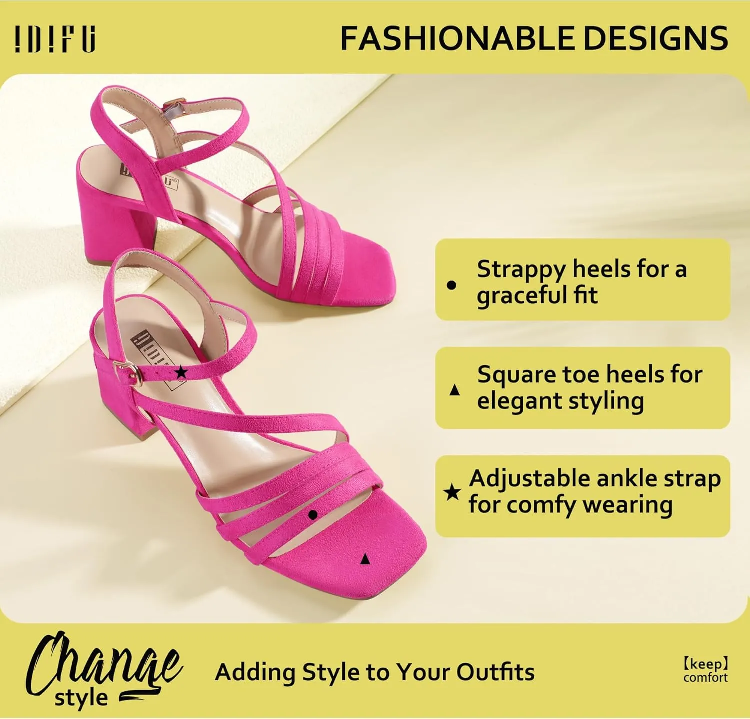 IDIFU IN3 Strappy Heels for Women Chunky Block Heels Square Toe Low Heels Wedding Prom Bride Bridal Party Dress Shoes for Women Comfortable Dressy Cute Trendy Heeled Sandals Short Thick Slingback Heels