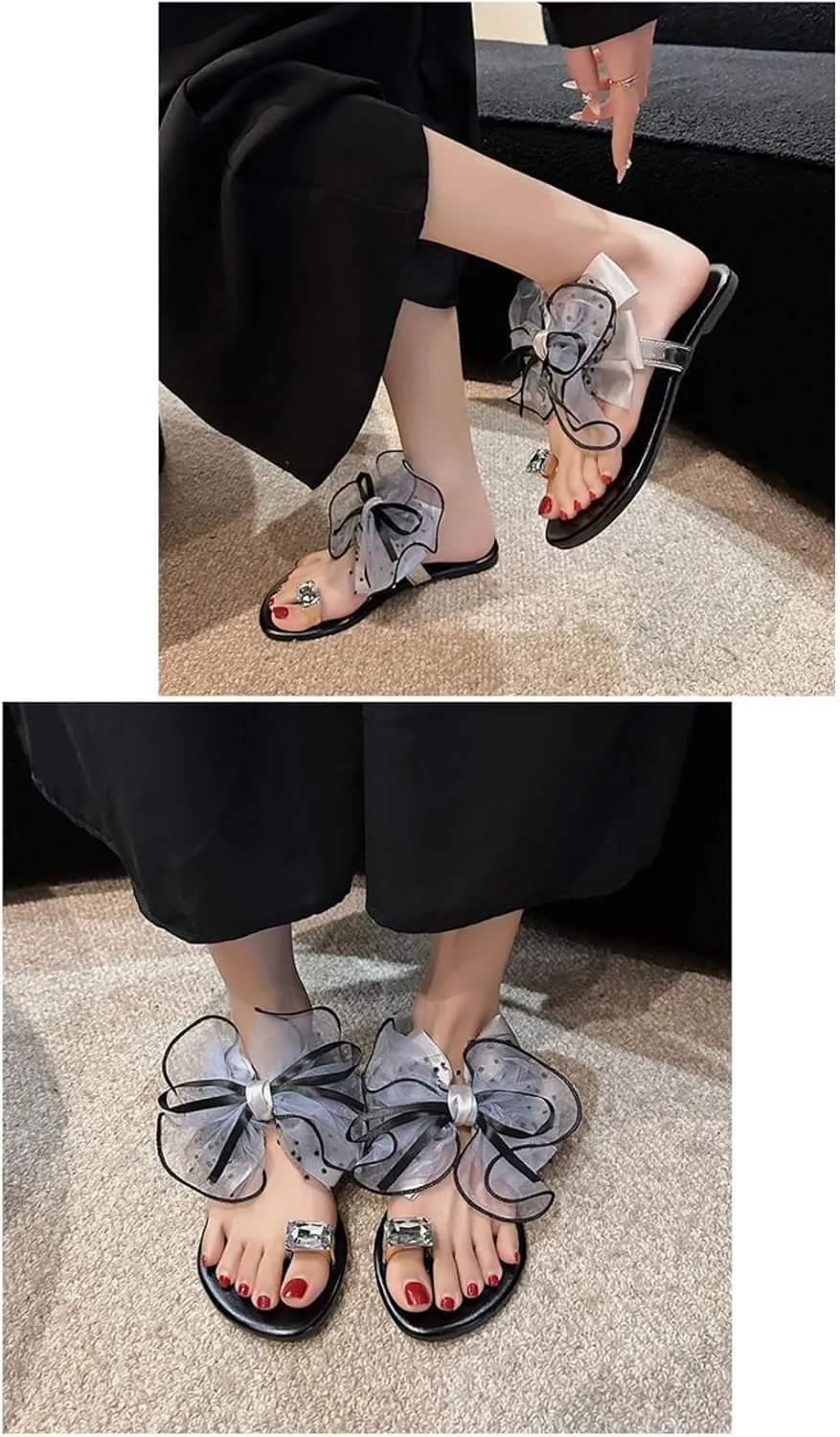 Jelly Flip Flops for Women Satin Bow Jelly Sandals Slip on Toe Ring Thong Lightweight Water Flats Cute Dress Shoes Breathable Open Toes No Slip Soft Sole Casual Summer Beach Slides Indoor Outdoor