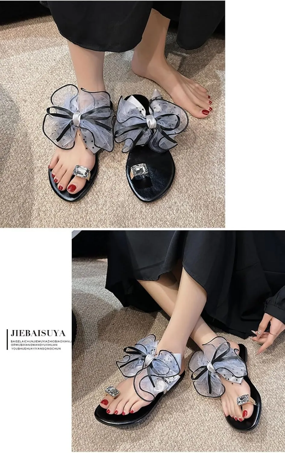 Jelly Flip Flops for Women Satin Bow Jelly Sandals Slip on Toe Ring Thong Lightweight Water Flats Cute Dress Shoes Breathable Open Toes No Slip Soft Sole Casual Summer Beach Slides Indoor Outdoor