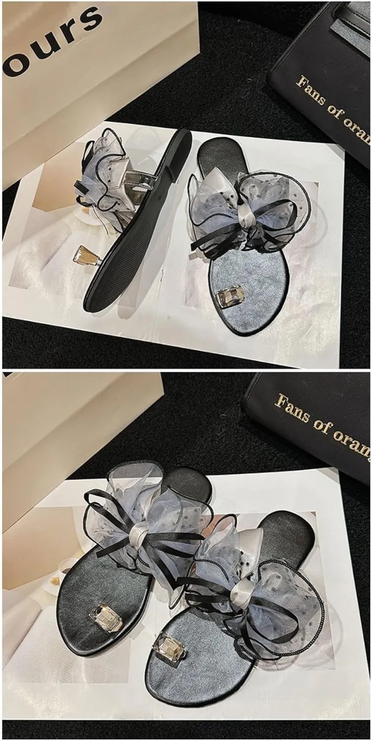Jelly Flip Flops for Women Satin Bow Jelly Sandals Slip on Toe Ring Thong Lightweight Water Flats Cute Dress Shoes Breathable Open Toes No Slip Soft Sole Casual Summer Beach Slides Indoor Outdoor