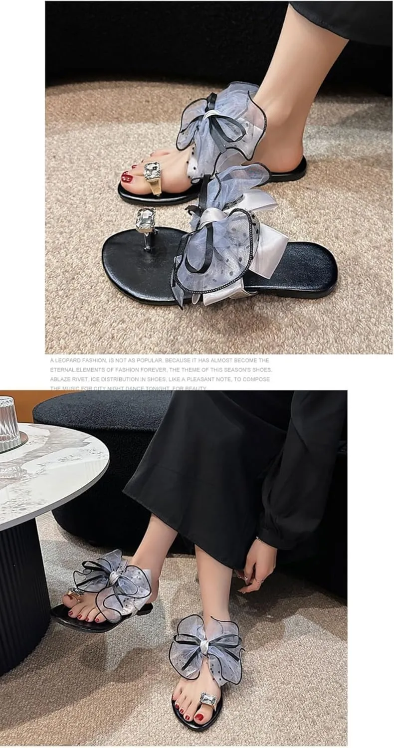 Jelly Flip Flops for Women Satin Bow Jelly Sandals Slip on Toe Ring Thong Lightweight Water Flats Cute Dress Shoes Breathable Open Toes No Slip Soft Sole Casual Summer Beach Slides Indoor Outdoor