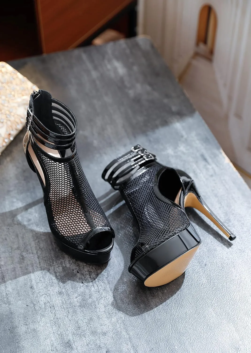 Joseywade Women Mesh Fishnet Dance Heels Peep Toe Booties Sexy Summer Boots Platform Stiletto High Heels Shoes With Zipper