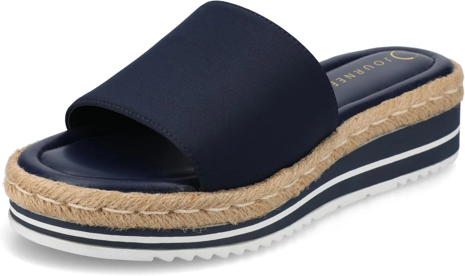 Journee Womens Braided Espadrille Wedge Heel Open Round Toe Slip On Neoprene Rosey Platform Slide Sandal Navy, 12 Wide