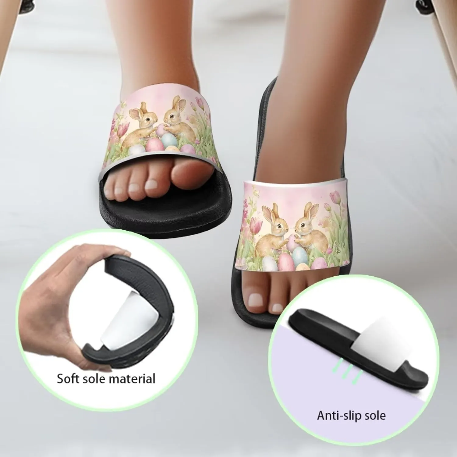 JoyLamoria Bunny Print Sandals House Slides Kids Unisex Cloud Cushioned Non-Slip Open Toe Indoor Outdoor Comfy Summer