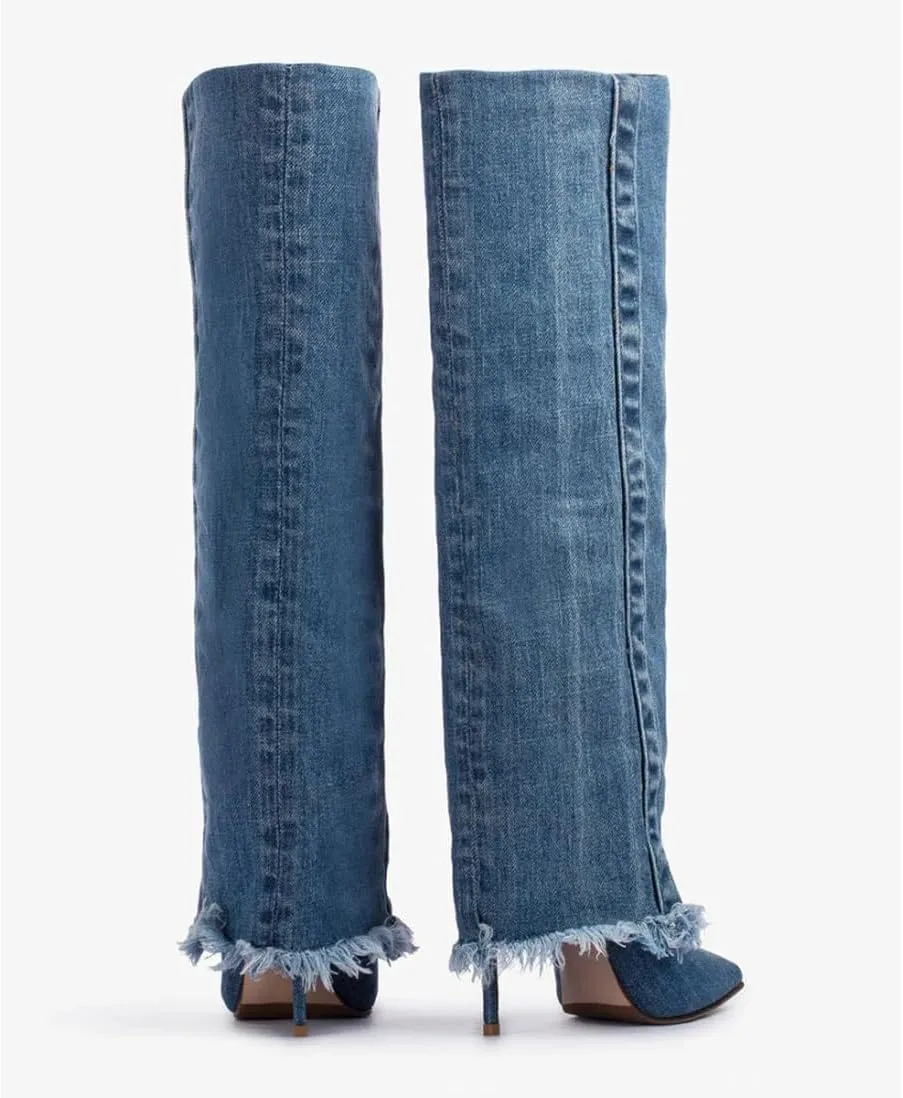 Knee High Boots for Women Fold Over Stiletto High Heel Tall Boots Pointed Toe Slip On Long Booties Fashion Comfortable Dress Shoes