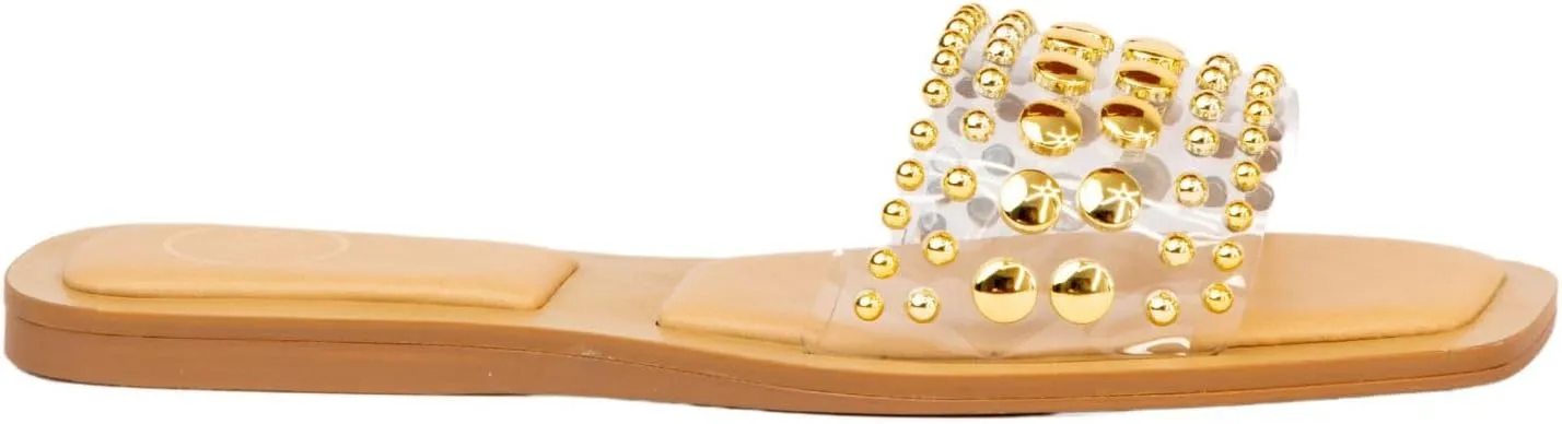 MAKERS SHOES GIA 1 Studded Slide Sandals, Women's Flat Slip-On Sandals with Gold and Silver Metallic Accents, Brown,Black and Clear