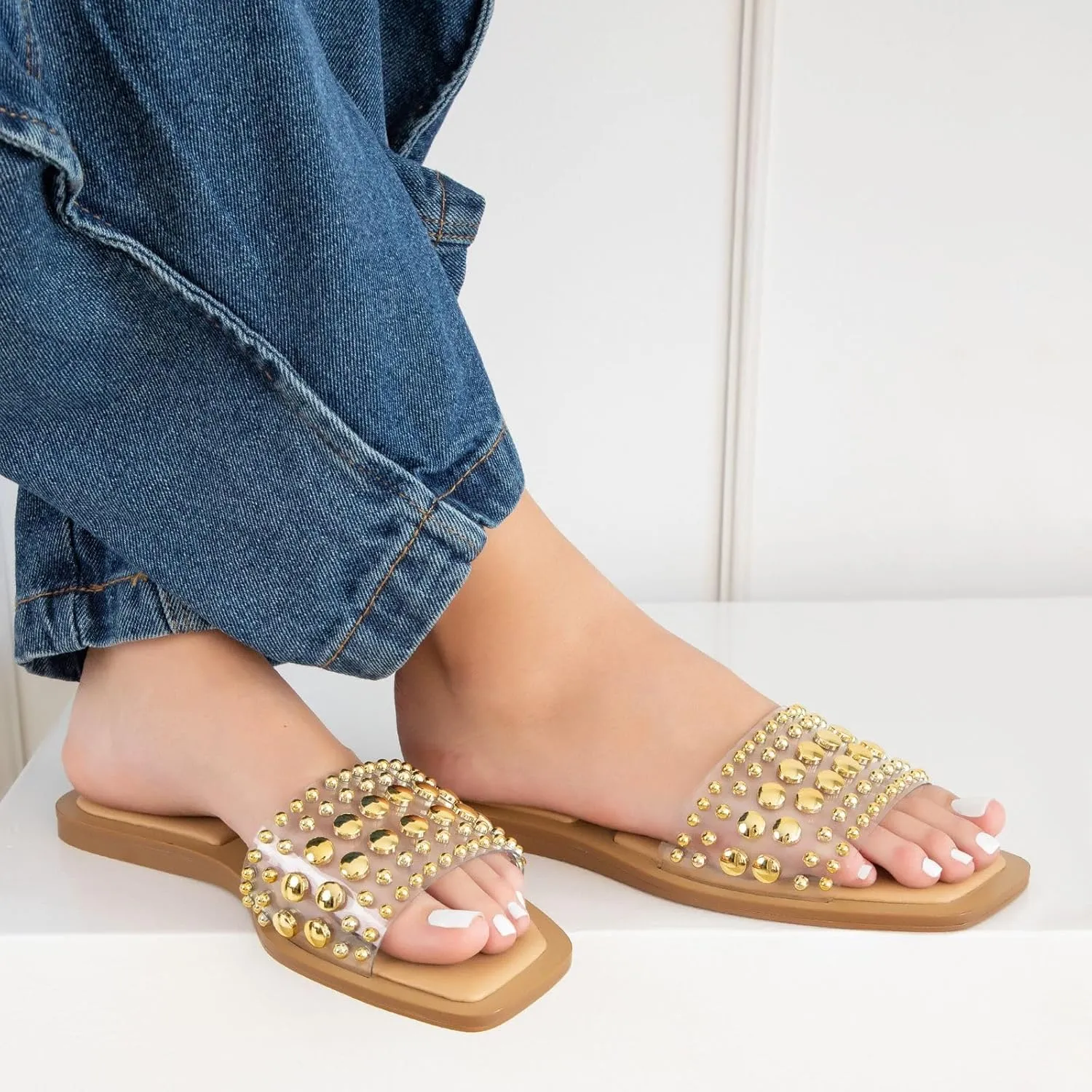 MAKERS SHOES GIA 1 Studded Slide Sandals, Women's Flat Slip-On Sandals with Gold and Silver Metallic Accents, Brown,Black and Clear