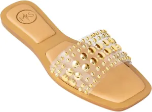 MAKERS SHOES GIA 1 Studded Slide Sandals, Women's Flat Slip-On Sandals with Gold and Silver Metallic Accents, Brown,Black and Clear