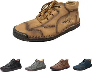 Men's Comfy Lightweight Stitching Leather Shoes, Leather Hand-Stitched Flat Mid-Cut Boots for Hiking Walking Driving (Khaki,47EU)