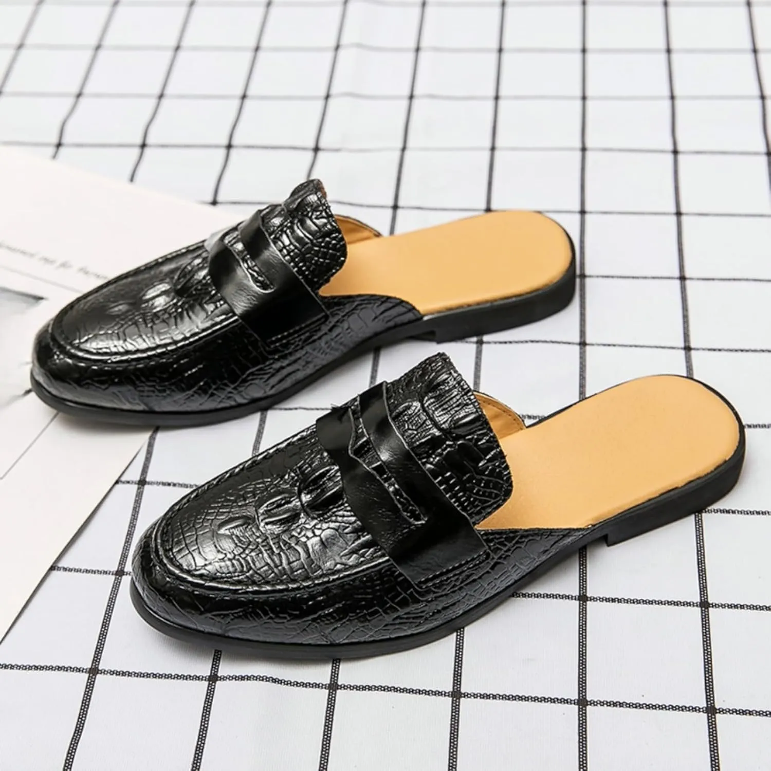Mens Leather Slip On Mules Sandals Lightweight Retro Smoking Slippers Casual Wingtip Backless Flat Half Loafers for Formal Business Dress