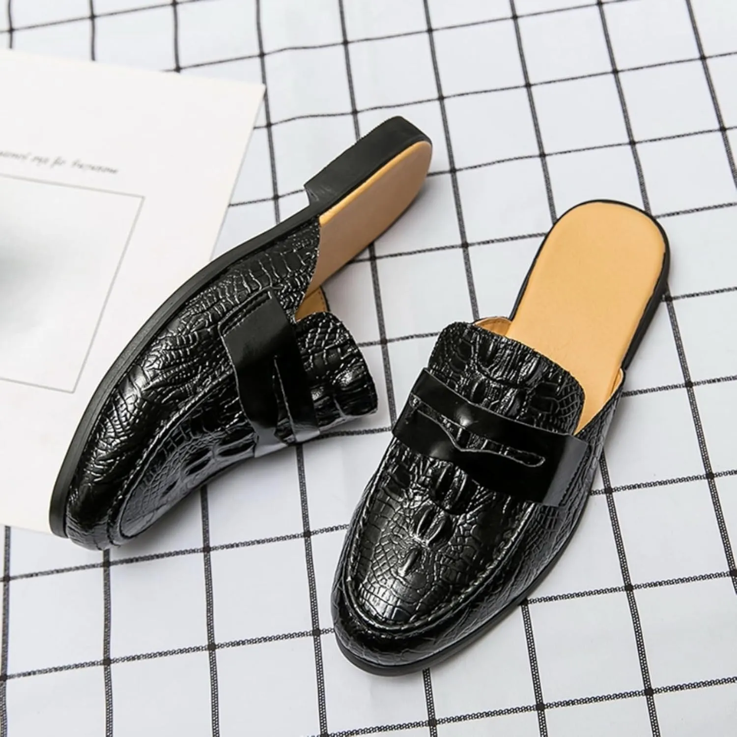 Mens Leather Slip On Mules Sandals Lightweight Retro Smoking Slippers Casual Wingtip Backless Flat Half Loafers for Formal Business Dress