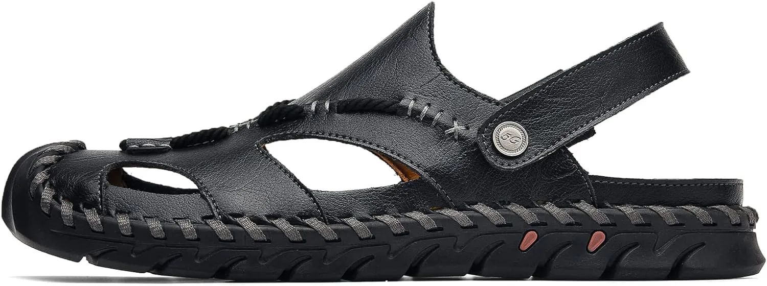 Mens Sandals Leather Closed Toe Outdoor Summer Anti-Slip Beach Sandals