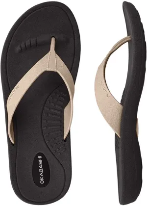 OKABASHI Women's Breeze Flip Flop Sandals (Medium/Black/Aged Gold)