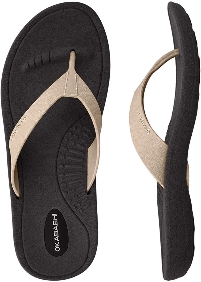 OKABASHI Women's Breeze Flip Flop Sandals (Medium/Black/Aged Gold)