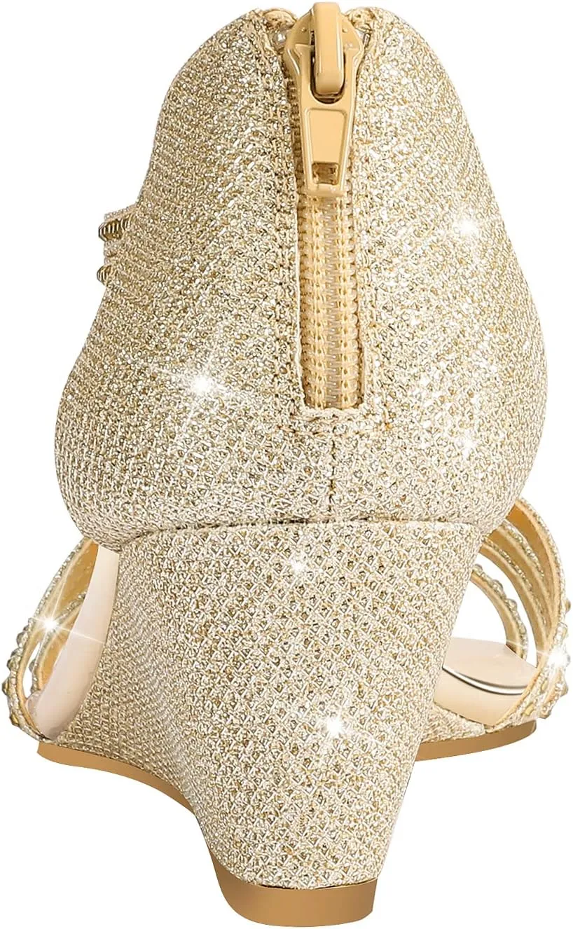 PIZZ ANNU Women's Diana Low Wedge Sandals Sparkly Rhinestone Open Toe Fashion Dress Shoes for Woman Lady in Bridal Dance Evening