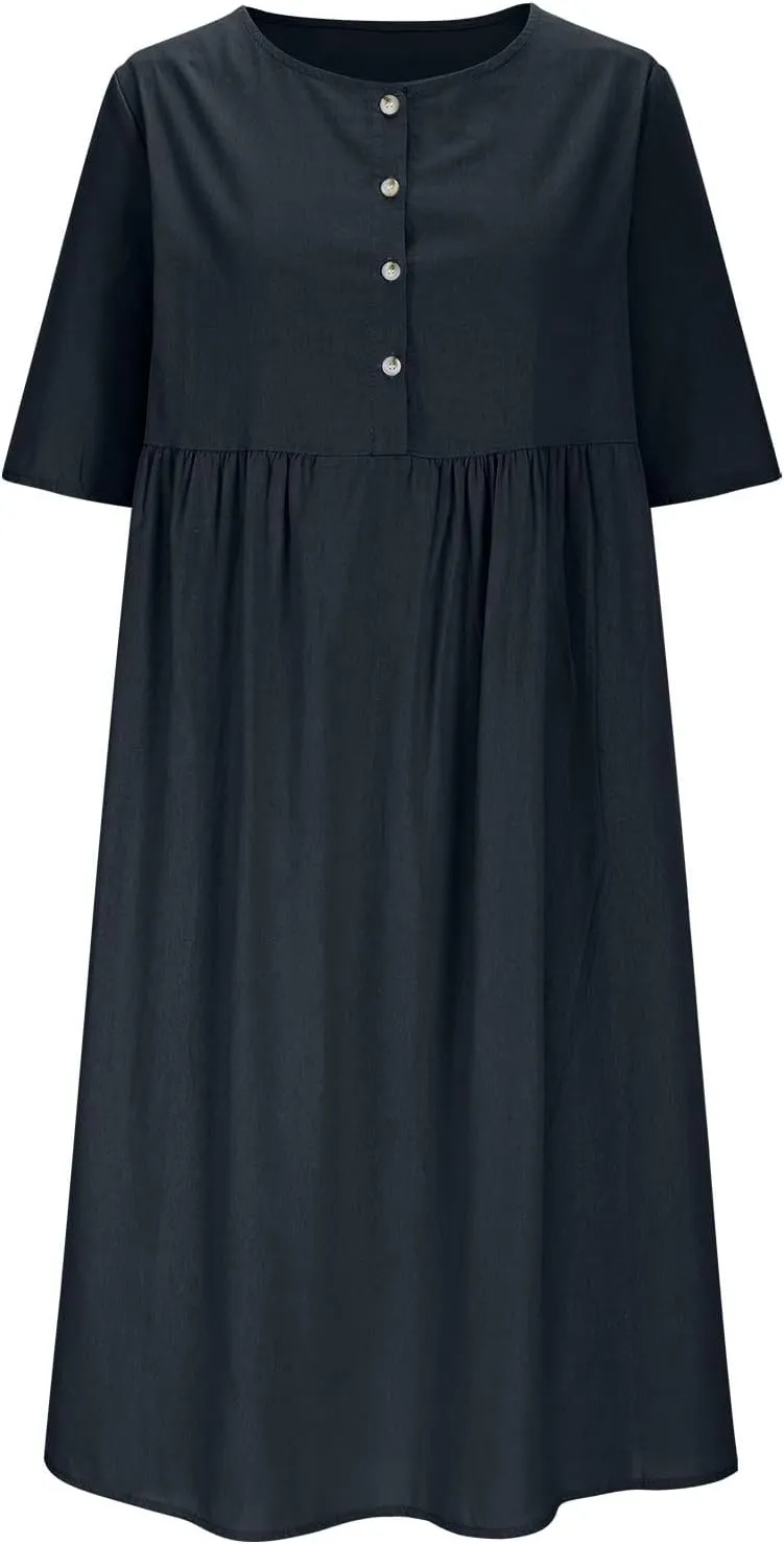 Plus Size Linen Cotton Dress for Women Button Shirt Dress Short Sleeve Round Neck Dressy Casual Loose Midi Dresses