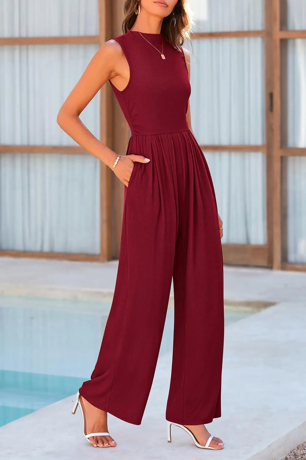PRETTYGARDEN Womens Summer Jumpsuits Dressy Casual One Piece Outfits Sleeveless Mock Neck Wide Leg Pants Rompers with Pockets