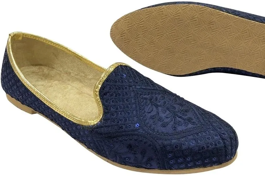 Punjabi Jutti for Men's Traditional Ethnic Mojari Shoes Wedding Sherwani Loafers Handmade Blue Embroidery Juttis