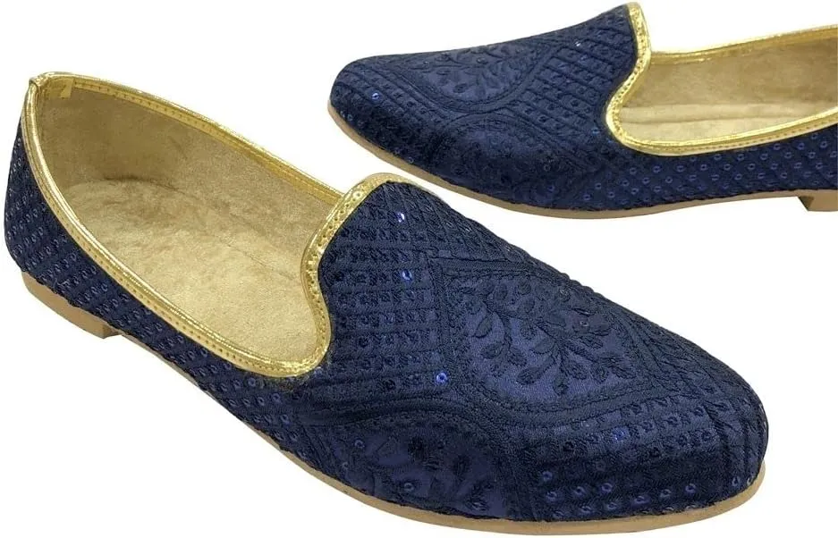 Punjabi Jutti for Men's Traditional Ethnic Mojari Shoes Wedding Sherwani Loafers Handmade Blue Embroidery Juttis