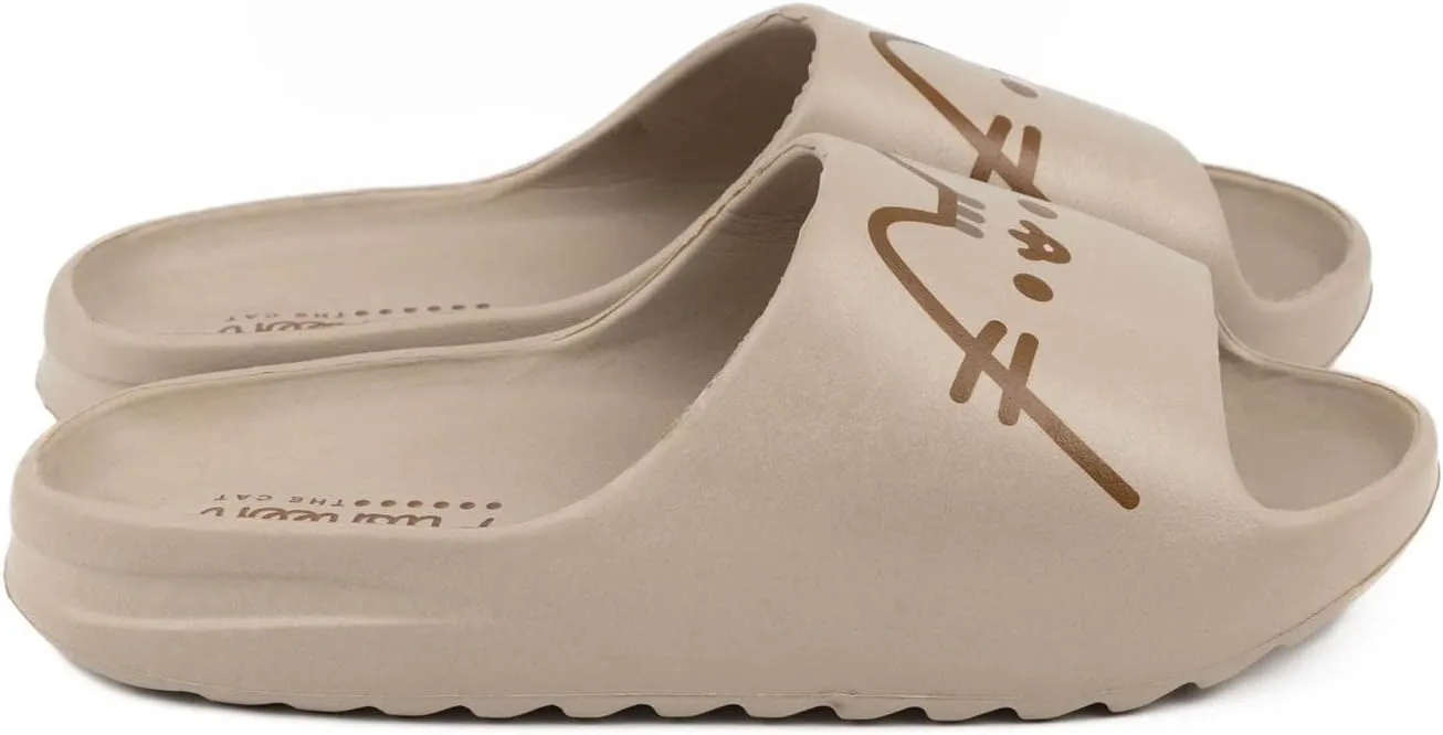 Pusheen Girls Sliders | Kids Brown Moulded Ridge Bottom Sandals | Cartoon Cat Beachwear Summer Pool Shoes | Slip-on Footwear