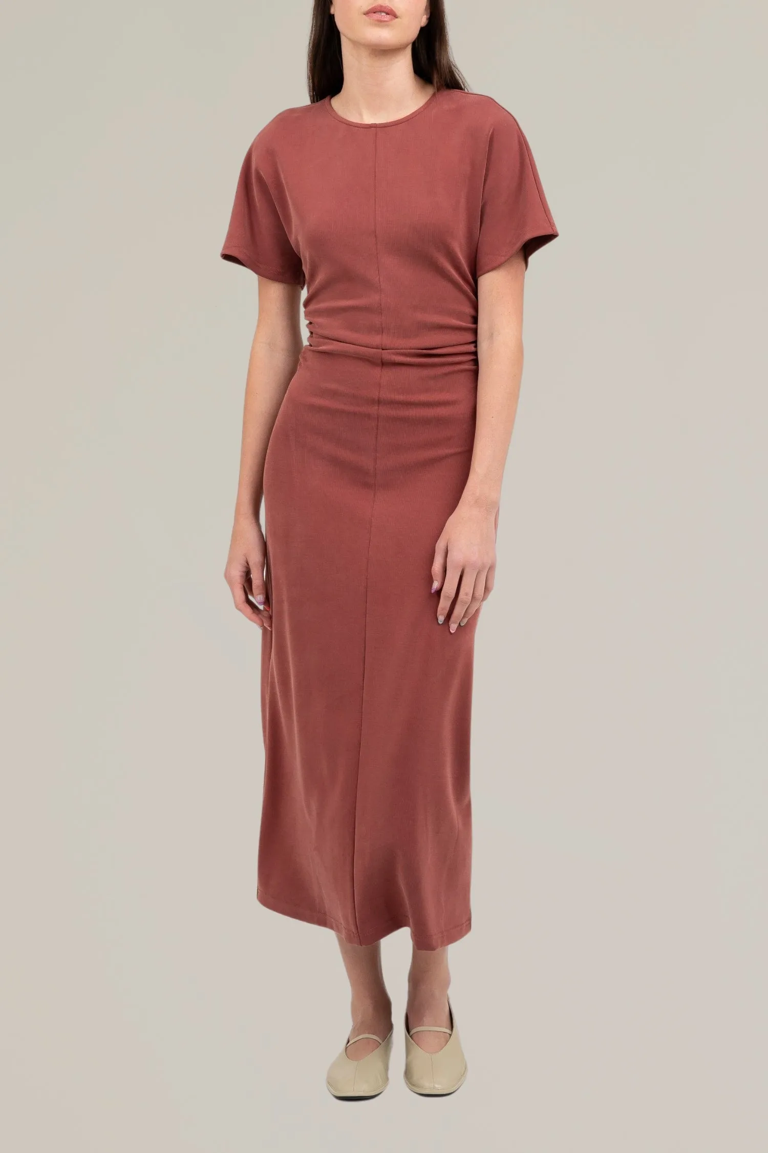side shirred midi dress