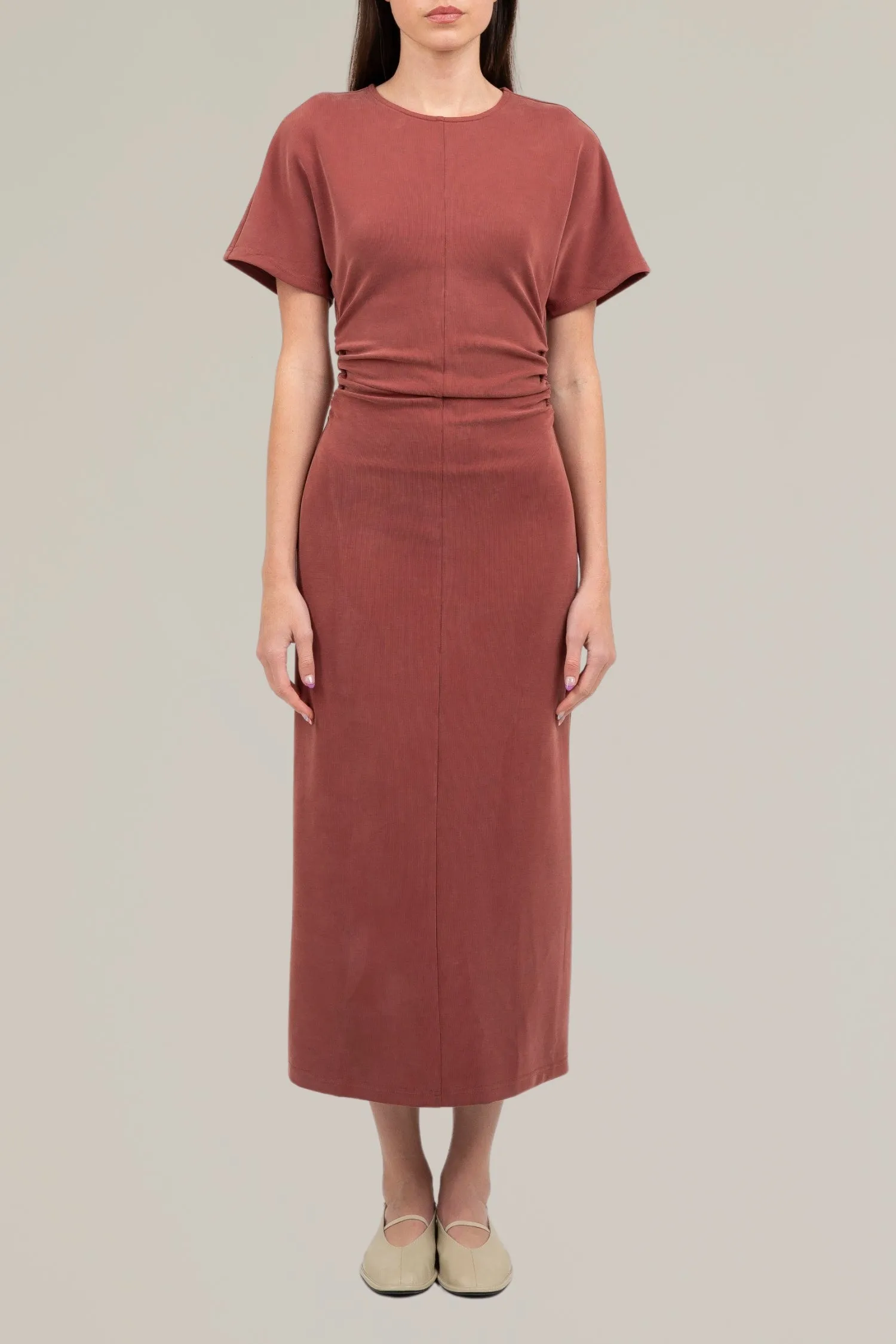 side shirred midi dress