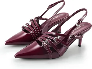 Slingback Kitten Heels for Women Pointed Closed Toe Pumps Multi-Buckle Strappy Shoes