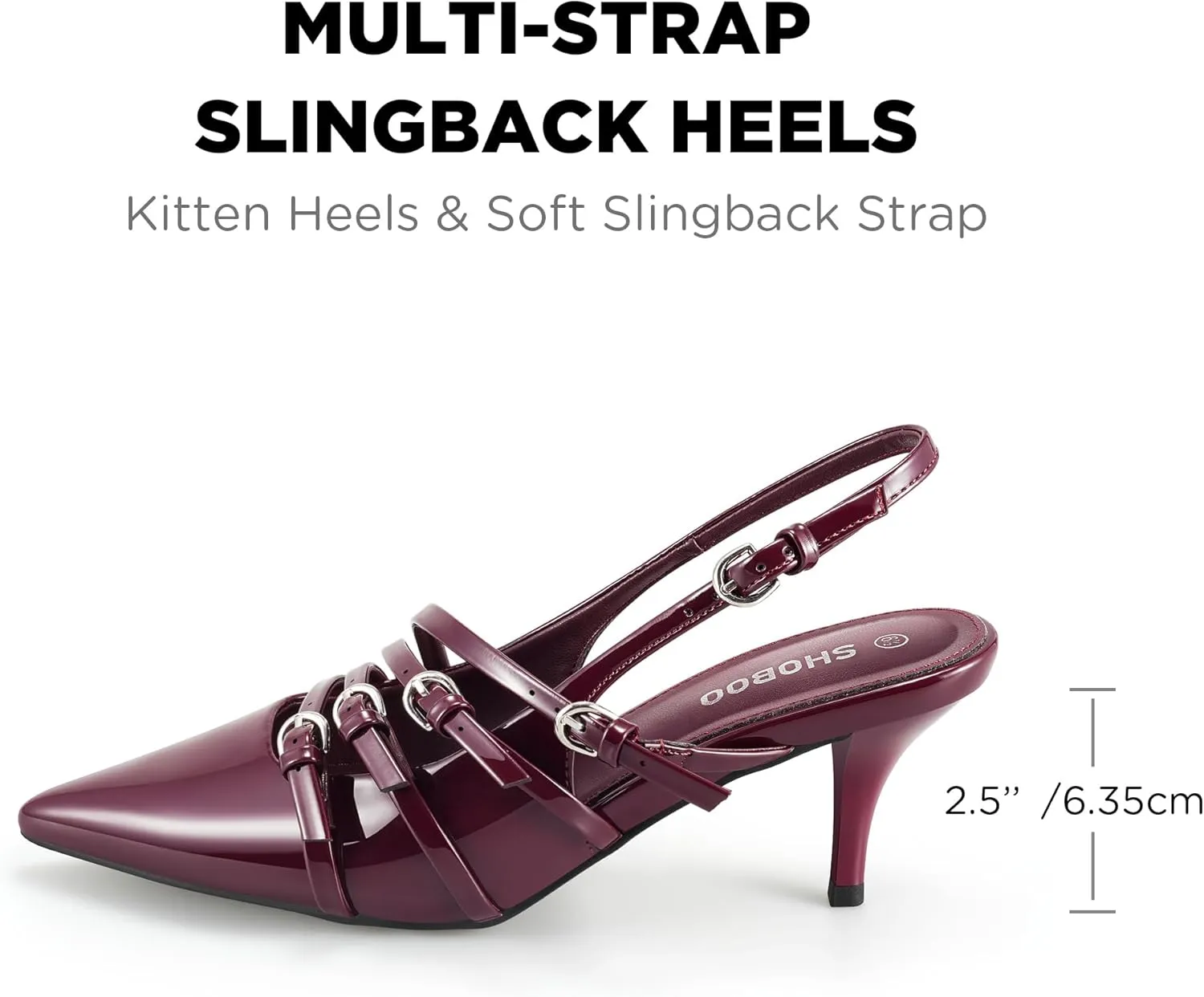 Slingback Kitten Heels for Women Pointed Closed Toe Pumps Multi-Buckle Strappy Shoes