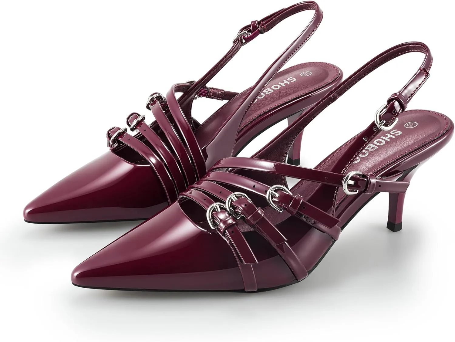 Slingback Kitten Heels for Women Pointed Closed Toe Pumps Multi-Buckle Strappy Shoes