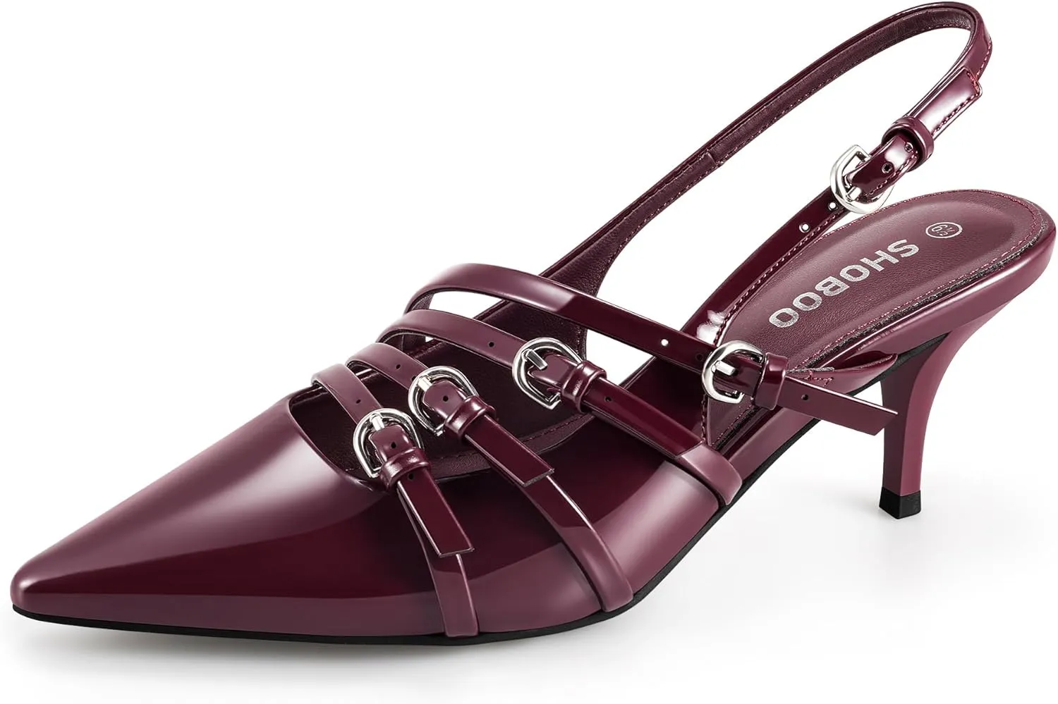 Slingback Kitten Heels for Women Pointed Closed Toe Pumps Multi-Buckle Strappy Shoes