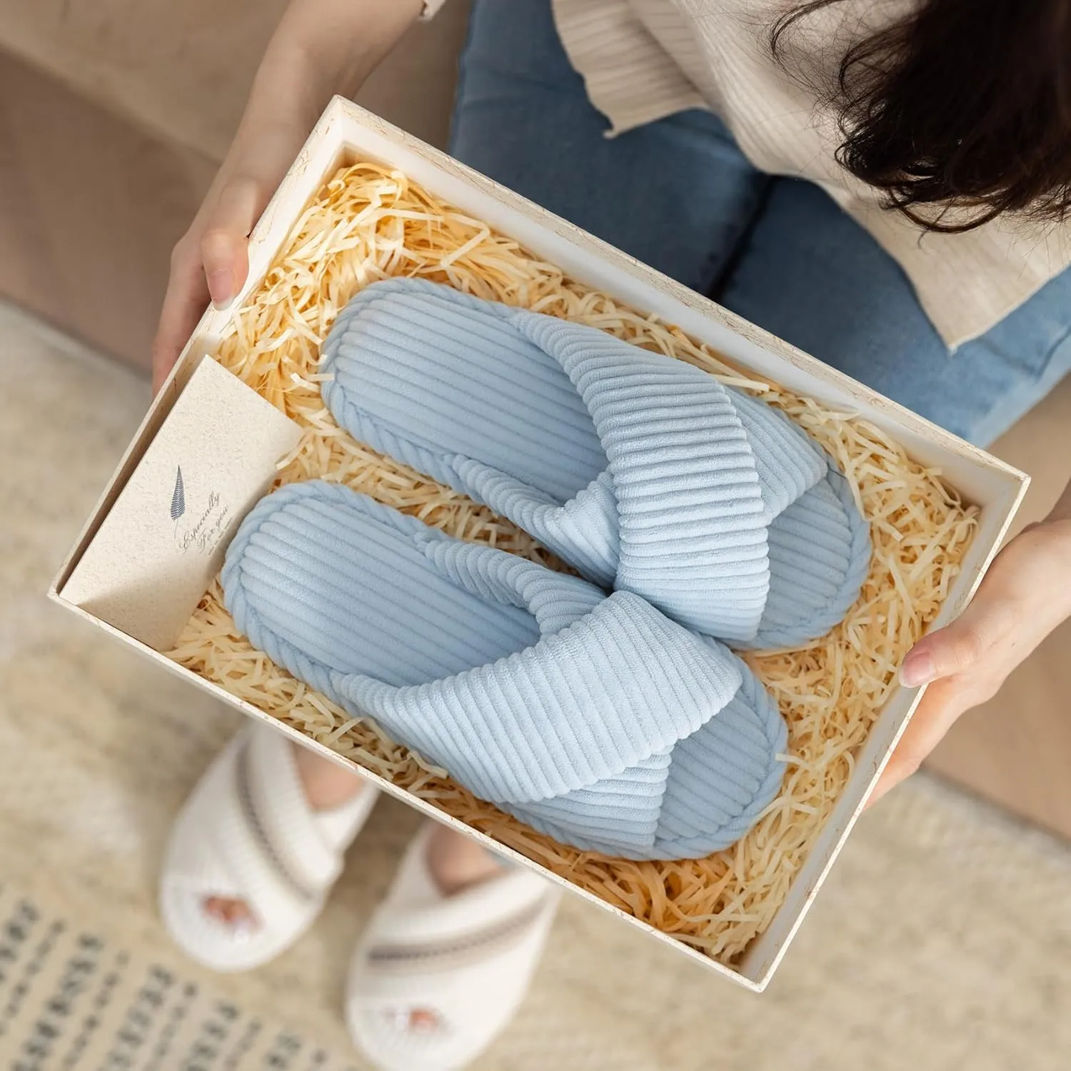 Slippers for Women Memory Foam House Bedroom Corduroy Crossbands Open Toe Slides Sandals Shoes Comfy Trendy Gift for womens Anti-Skid sole