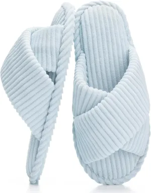 Slippers for Women Memory Foam House Bedroom Corduroy Crossbands Open Toe Slides Sandals Shoes Comfy Trendy Gift for womens Anti-Skid sole