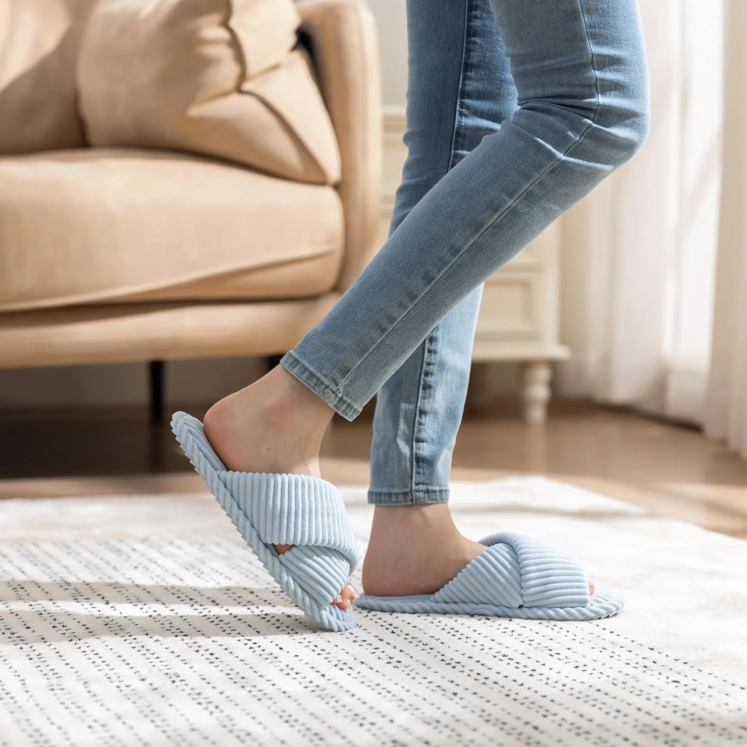 Slippers for Women Memory Foam House Bedroom Corduroy Crossbands Open Toe Slides Sandals Shoes Comfy Trendy Gift for womens Anti-Skid sole